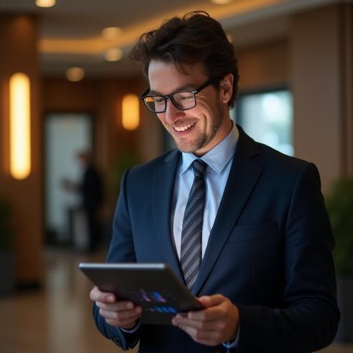 Smiling hotel manager reviewing positive performance charts on a tablet